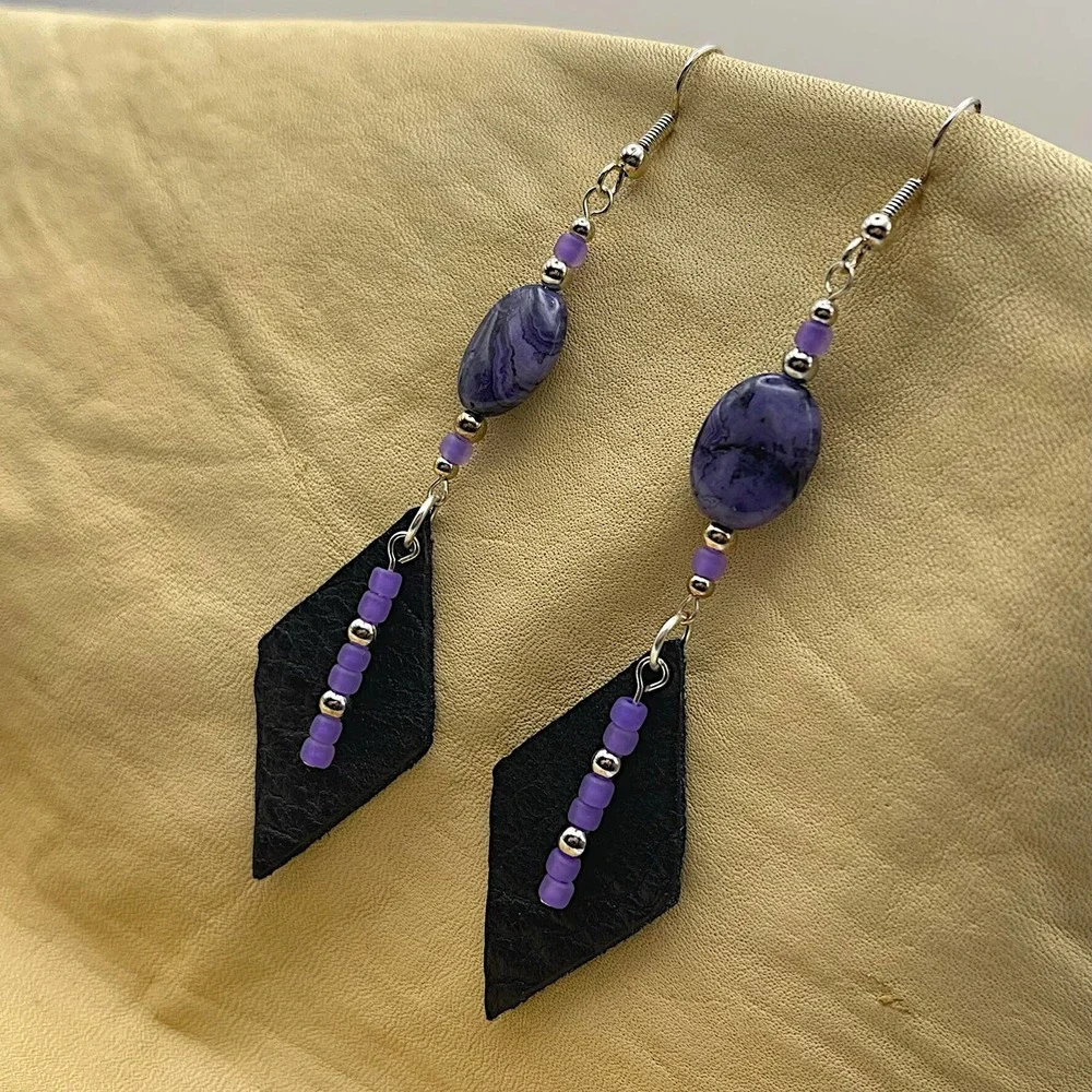 Leather Diamond Gemstone Dangle Earrings Purple Crazy Lace Agate Silver Beads